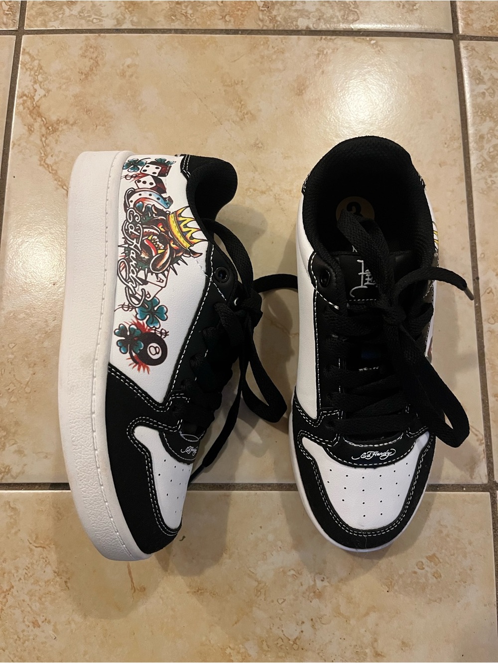Ed Hardy Black and White Kids Low-Top Sneakers with Colorful Side Tattoo Graphic